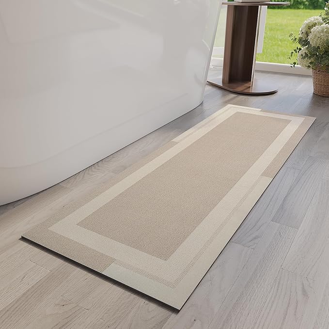 Non Slip Long Bath Mat Bathroom Runner, Rubber Backing Ultra Thin Bathroom Rugs Fit Under Door Quick Dry Super Absorbent Washable Bath Rug Shower Mat for Bathtub Sink Floor, Beige 17"x47"