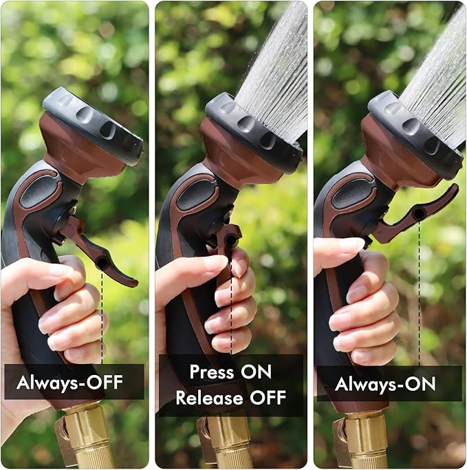 RESTMO Hose Nozzle with Easy Self-Lock Trigger, Heavy Duty Metal Water Hose Sprayer with 9 Spray Patterns and On/Off Valve, Ideal for Outdoor Lawn & Garden Watering, Car & Pet Washing, Brown