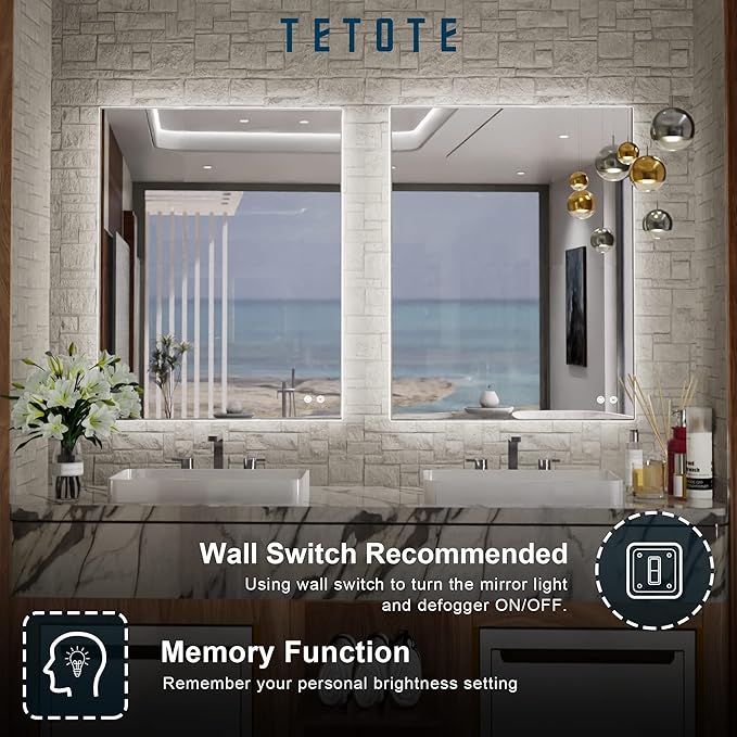 TETOTE 24 x 32 Inch LED Backlit Bathroom Vanity Mirror,Anti-Fog,Dimmable,CRI90+,Touch Button,Water Proof,Horizontal/Vertical Wall Mounted with Light