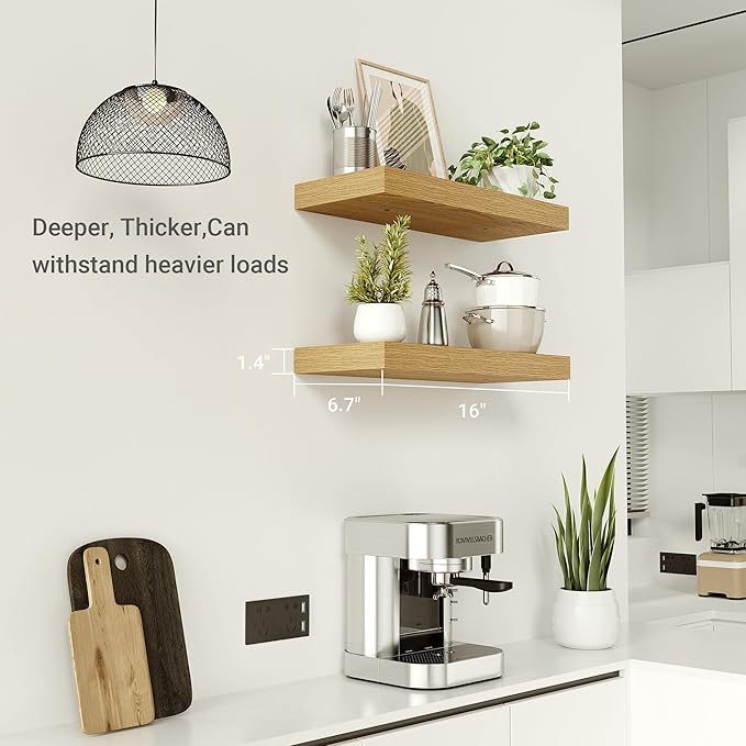 Vivelove Floating Shelves for Wall Mounted, 16 inchs Shelf for Small Bathroom, Bedroom, Living Room, Kitchen, Modern Home Decor, Rustic Farmhouse Wall Shelves with Invisible Brackets - Set of 2, Oak