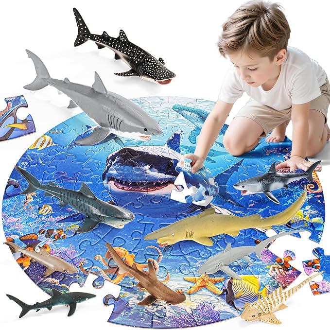 Shark Toys for Kids, 10PCS 5-8" Realistic Shark Figurines & 67PCS 20'' Large Sea Ocean Animals Jigsaw Puzzles Toys for Kids Ages 4-6, Birthday Party Favors & Gifts for Toddlers Boys Girls