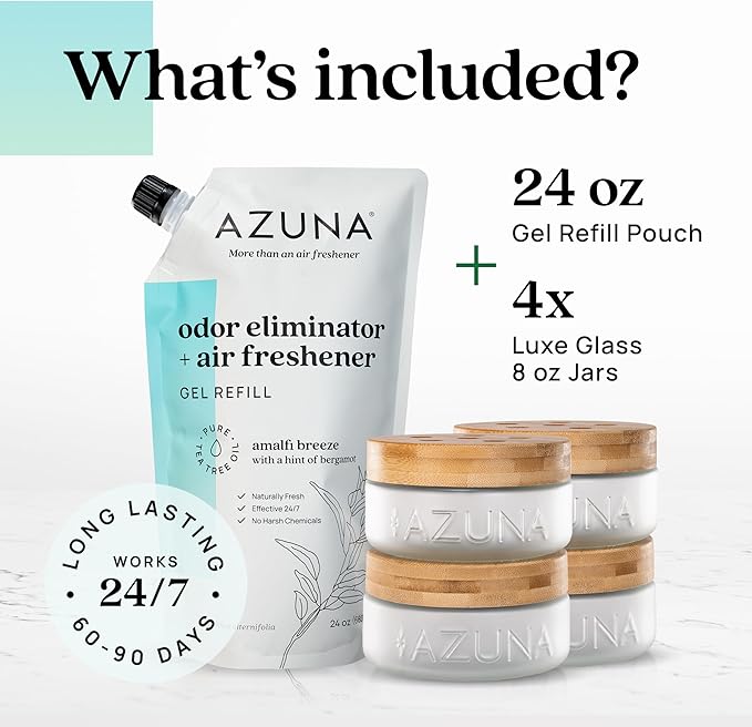 Azuna Air Freshener & Odor Eliminator Gel 4 Room Kit, Includes (4) 8 oz. Empty Luxe Glass Jars & 24 oz. Refill with Tea Tree Essential Oil, Amalfi Breeze, Works 24/7 for 60-90 Days