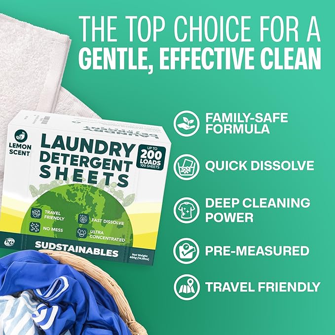 Sudstainables Laundry Detergent Sheets 200 Loads – Dissolvable Laundry Sheet for Washing Machines, Compact Alternative to Liquid & Powder Detergent, Travel-Friendly Soap | Lemon