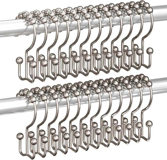Titanker Shower Curtain Hooks Rings, Rust Resistant Metal Double Glide Shower Hooks Rings for Bathroom Shower Rods Curtains, Set of 24 Hooks - Nickel