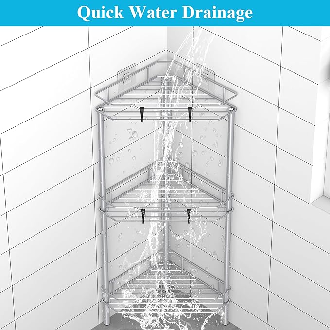 3 Tier Floor Standing Corner Shower Caddy Organizer Shelf with Hooks, Bathroom Shelves Stand Rack, Silver