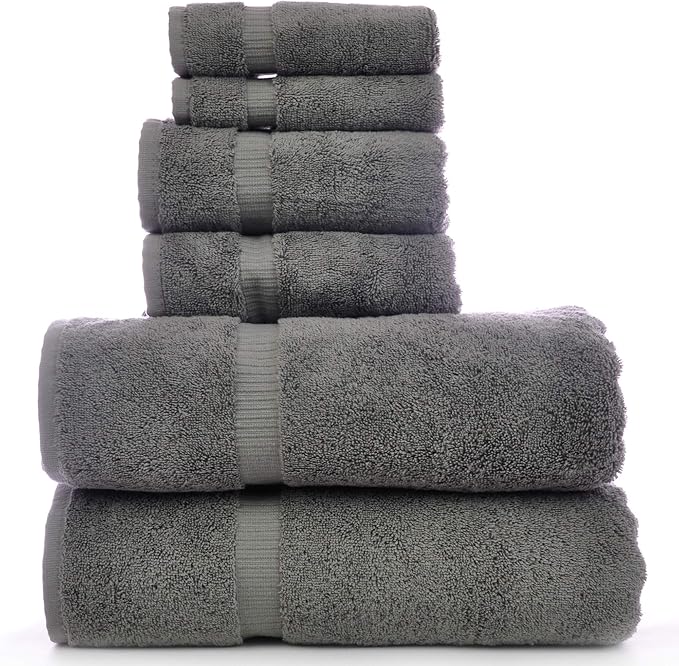 Luxury Hotel & Spa Collection, Quick Dry 100% Turkish Cotton, 700 GSM, Eco Friendly Towel, Bathroom and Kitchen Dobby Border Towels, 2-Bath Towel, 2-Hand Towel, 2-Washcloth (Bundle Set of 6, Gray)