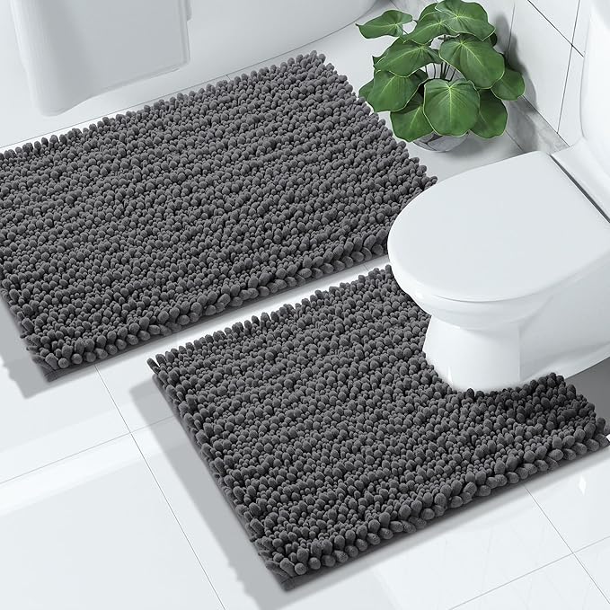 Yimobra Bathroom Rugs Sets 2 Piece - Quick Dry Extra Thick Luxury Chenille Bath Mat, Non Slip Super Absorbent for Tub Shower Sink, Machine Washable Shaggy Floor Mat, 32"x20"+24"x20" Inch, Dark Grey