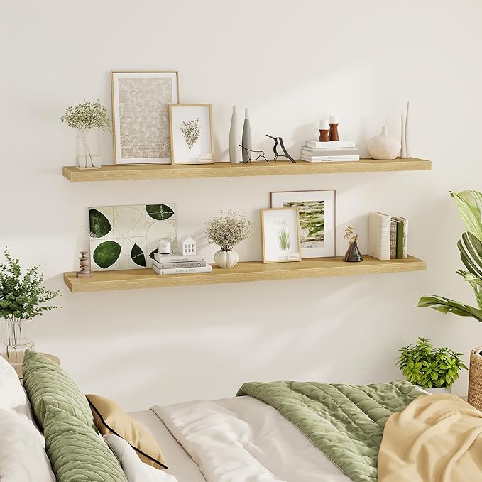 Fun Memories 72 Inch Floating Shelves for Wall 2 Pack Shelves for Bedroom|Kitchen|Bathroom 72 x 9.3 Inch Wood Floating Shelf with Invisible Brackets for Books|Storage|Decor, Oak