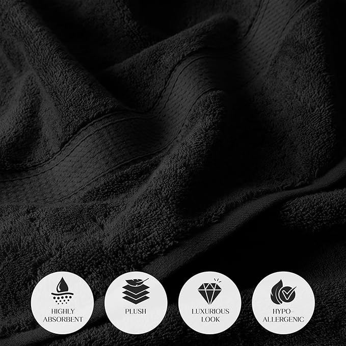 Superior Egyptian Cotton Pile 6 Piece Towel Set, Includes 2 Bath, 2 Hand, 2 Face Towels/Washcloths, Ultra Soft Luxury Towels, Thick Plush Essentials, Guest Bath, Spa, Hotel Bathroom, Black