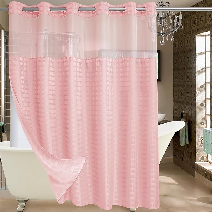 Conbo Mio Extra Wide No Hook Shower Curtain with Snap in Liner Set, 108" x 74" Hotel Luxury Pink Shower Curtains for Bathroom with See Through Top Window, Waterproof, Washable 108W x 74H