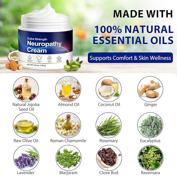 FANSHI Neuropathy Cream Extra Strength, Nerve Comfort Cream with Natural Oils - Fast Absorbing, Non-Greasy Moisturizing Cream for Physical Activity & Wellness- Feet, Hands, Legs - 4.23 oz