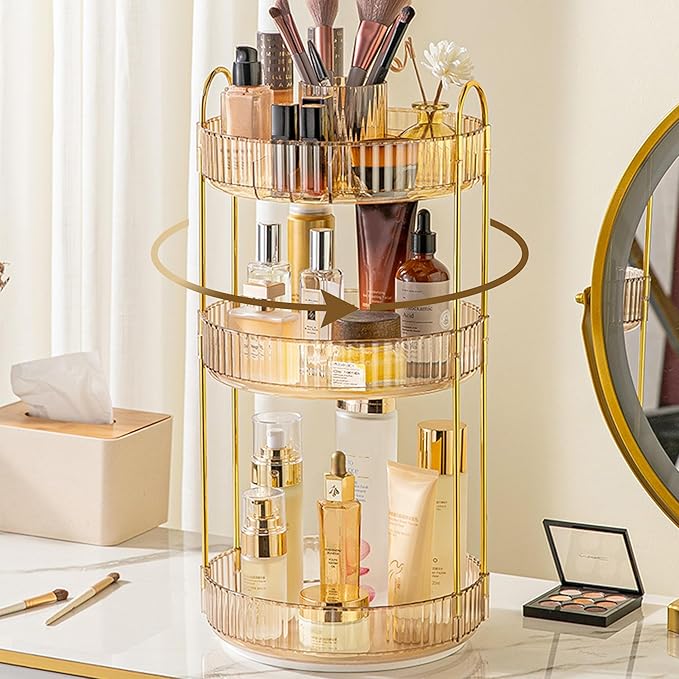 Aveniee 360° Rotating Makeup Organizer for Vanity, Upagraded Perfume Skincare Bathroom Counter Organizers with Brush Divider, 3 Tier Spinning Lipstick Cosmetic Lotion Storage,Gold