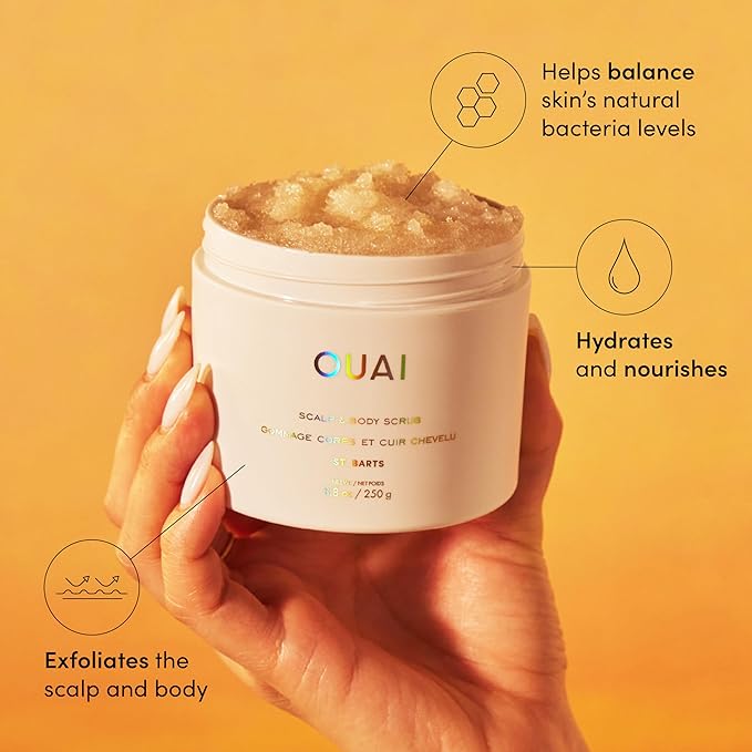 OUAI Scalp & Body Scrub, St. Barts - Exfoliating Body Scrub with Sugar & Coconut Oil Blend for Smooth, Moisturized Skin - Gentle Scalp Exfoliator for Removing Product Build Up (8.8 Oz)