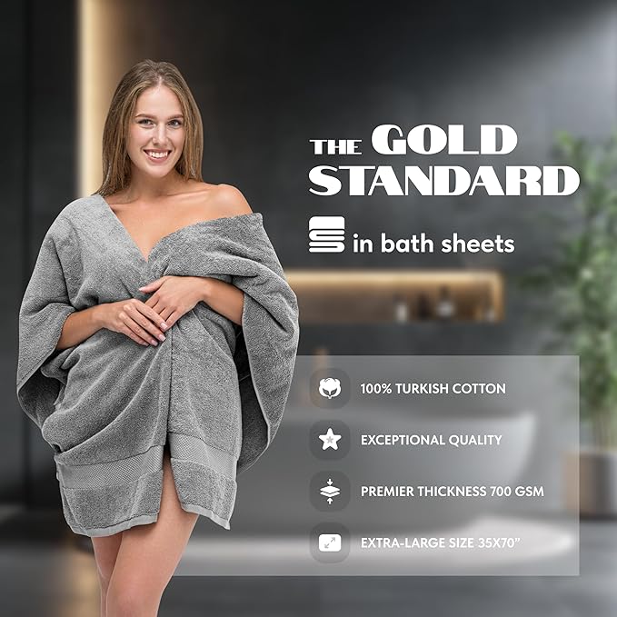 White Classic Luxury Soft Bath Sheet Towels - 650 GSM Cotton Luxury Bath Towels Extra Large 35x70 | Highly Absorbent and Quick Dry | Hotel Quality Extra Large Bath Towels Oversized, Light Grey, 2 Pack