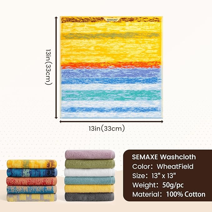 SEMAXE 100% Cotton Washcloths for Bathroom - 24 Pack, Quick-Dry Face Towels with Hanging Loop, Highly Absorbent and Soft, 13x13 Inch, Yellow | Blue