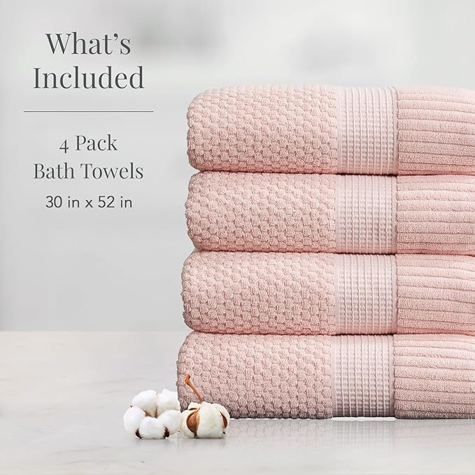 NY Loft 100% Cotton Bath Towel 4 Pack | Super Soft & Absorbent Quick-Dry Bath Towels 30" x 52" |Textured and Durable Cotton | Trinity Collection (4 Pack Bath Towel, Light Pink)