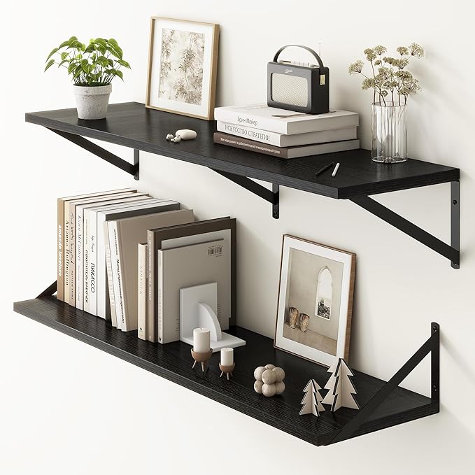 Fun Memories 40 Inch Floating Shelves, 10 Inch Deep Wall Shelf, 40 x 10 Floating Shelf Set of 2, Black Wood Floating Shelf Wall Mounted, Large Kitchen Living Room Bedroom Storage Shelves