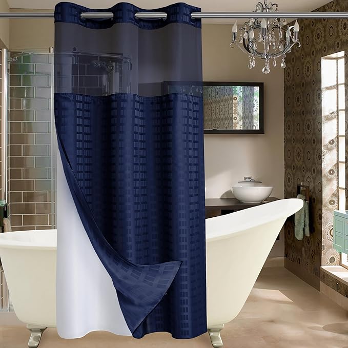 Conbo Mio Stall No Hook Shower Curtain with Snap in Liner Set, Hotel Luxury Navy Blue Shower Curtains for Bathroom with See Through Top Window, Waterproof, Washable 36W x 74H