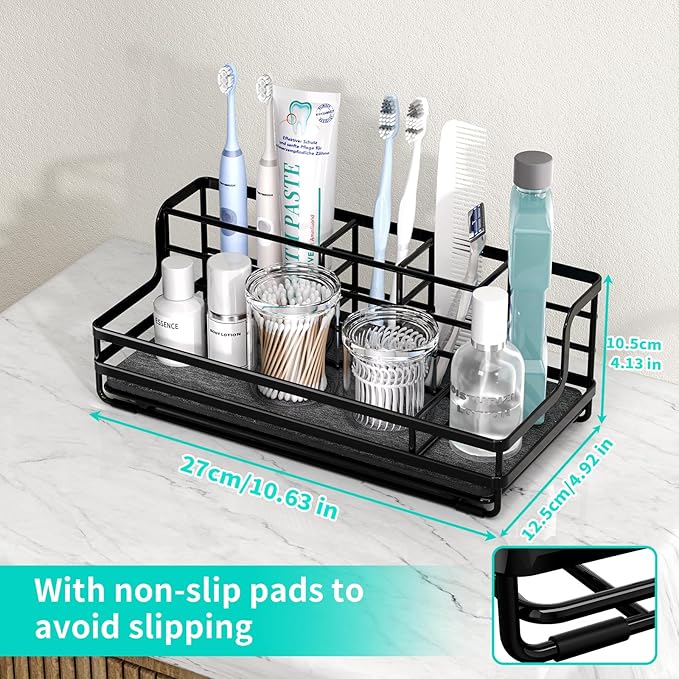 HapiRm Toothbrush Holders for Bathroom - 5 Partitions Bathroom Counter Organizer with Instant Drying Stone, Stainless Steel Countertop Storage Electric Toothbrush Toothpaste Holder - Black
