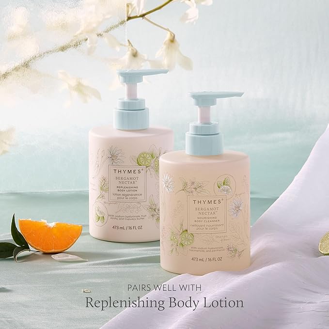 Thymes Nourishing Body Cleanser - Large Moisturizing Body Wash with Pump - Hydrating Cleanser - Notes of Bergamot, Orange Flower, Lemon, Lotus & Sandalwood. (Bergamot Nectar, 16 fl oz)