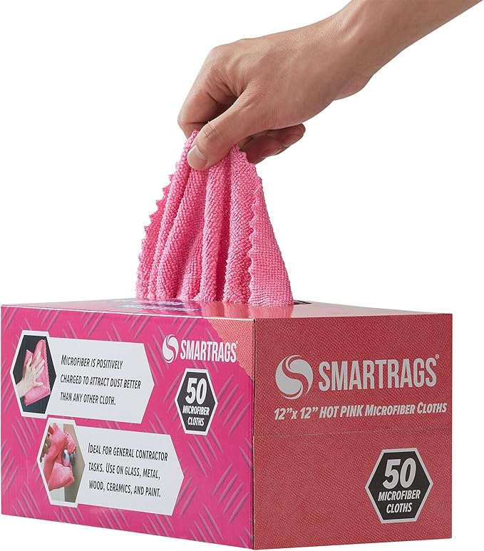 Arkwright Smart Rags in Box - (Bulk Case of 400) Lint Free Microfiber Cleaning Cloth, Scratch & Streak-Free, Dispensable Wash Towels for Cars, Window Glass, and Auto Shop, 12 x 12 in, Pink