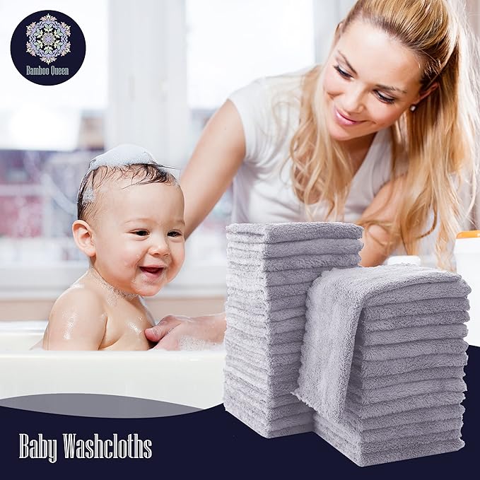 32 Pack Baby Washcloths - 10x10 Inch, Coral Fleece - Extra Absorbent and Soft Wash Clothes for Newborns, Infants and Toddlers - Suitable for Sensitive Skin and New Born - Baby Shower - Light Grey