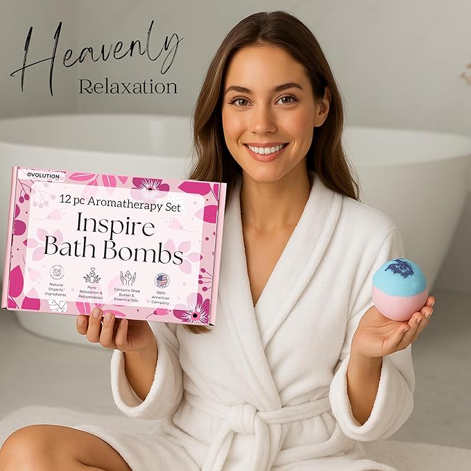 EvolutionUSA Inspire Bath Bombs for Women, 12 Gorgerous Flower Bath Bombs Topped with Dried Flowers, Luxurious Mother's Day Gift Set, Brithday Gift, Easter Gift or for Creating Lush Self Care Moment