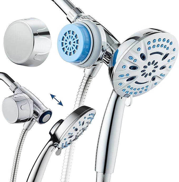 AquaCare Magneton 8-setting Magnetic Docking Hand Shower with Built-in Shower Filter - On/Off Filtration Modes, Instant Cartridge Reload, Stay-Clean KDF Cartridge, 6 ft. Steel Hose, Chrome Finish