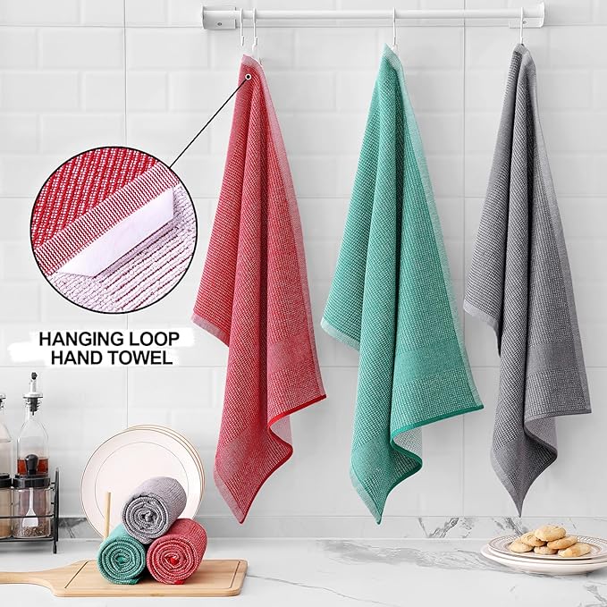 Homaxy Premium Kitchen Towels(18”x 28”, 6 Pack), Large Cotton Kitchen Hand Towels, Flat and Terry Dish Towels, 380 GSM Highly Absorbent Tea Towel Set with Hanging Loop, Grey/Red/Green