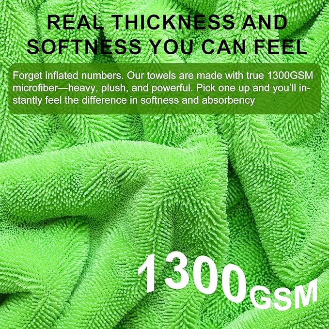 2 Pack XL Car Drying Towel – 1300GSM Ultra Absorbent Microfiber, 24"x36" Large Size, Twisted Loop, Lint-Free & Streak-Free for Auto Detailing, Car, SUV, Truck (Gray-Green)
