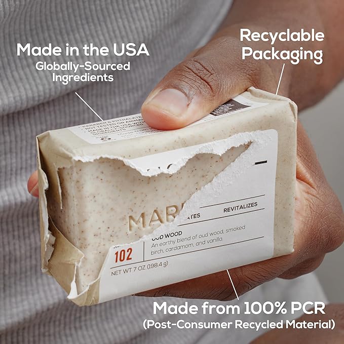 MARLOWE. No. 102 Body Scrub Soap 7 oz (6 Bars), Oud Wood, Exfoliating Soap Bar with Shea Butter, Olive Oil & Green Tea Extracts, Cleanses, Smooths & Revitalizes Skin, Earthy & Smoky Scent