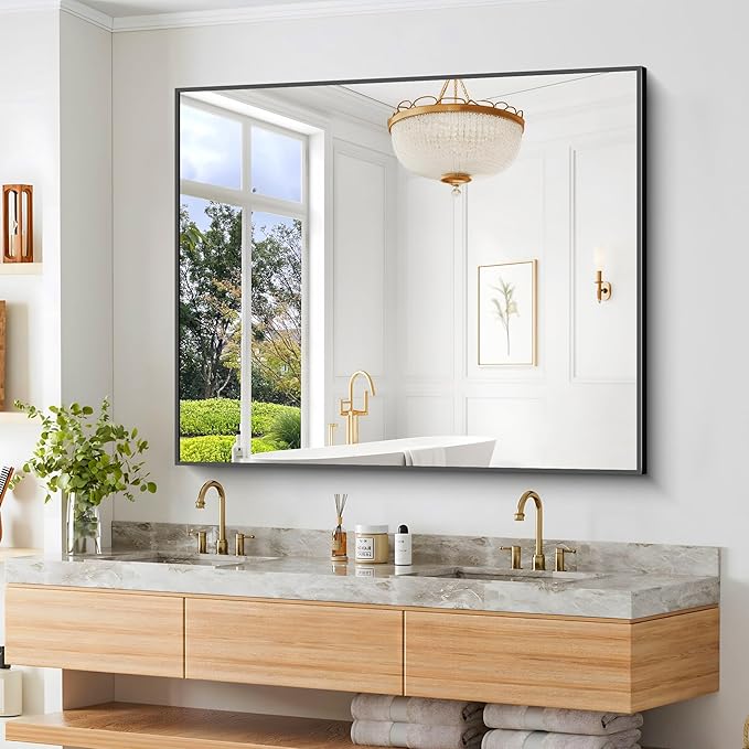 BONEWEI Bathroom Mirror,40x48 inch Bathroom Mirrors for Over Sink,Large Wall Mirror for Bathroom Wall Mounted Rectangle Mirrors,Black Vanity Mirror for Living Room,Bedroom Entryway,Horizontal/Vertical