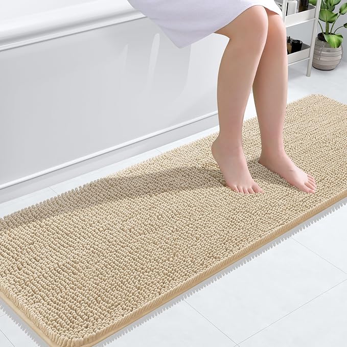 OLANLY Bathroom Rugs 59x20, Extra Soft Absorbent Chenille Bath Rugs, Rubber Backing Quick Dry, Machine Washable Bath Mats for Bathroom Floor, Tub and Shower, Home Decor Accessories, Beige