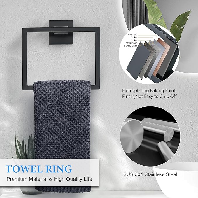 TNOMS 6-Piece Black Bathroom Hardware Set 23.6 Inch Towel Bar Set Double Towel Bar Towel Ring Coat Hook and Toilet Paper Holder with Shelf Wall Mounted Stainless Steel Bathroom Accessories Set