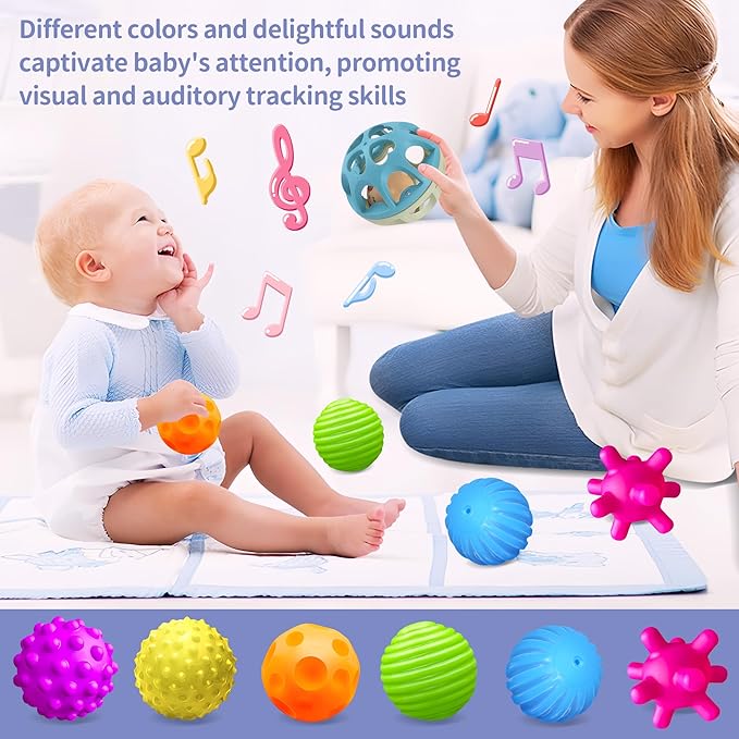 Sensory Toys for Babies, Montessori Textured Baby Balls and Wheat Straw Rattle, Baby Toys for 6-12 Months, Ideal Newborn Gifts for Boys and Girls, Toddler Toys for 1-3