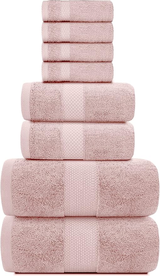 White Classic Luxury Bath Towel Set of 8 Pieces - 100% Turkish Cotton Highly Absorbent Towels for Bathroom, 2 Luxury Bath Towels 700GSM, 2 Hand Towels, 4 Washcloths, Pink