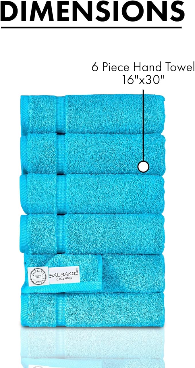 SALBAKOS 100% Turkish Cotton Hand Towel Set of 6 16x30 inch | Heirloom Quality | Hotel & Spa Collection | Ultra Soft, Super Absorbent, Long Lasting Hand Towels | Made in Turkey (Aqua, 6 Hand Towels)