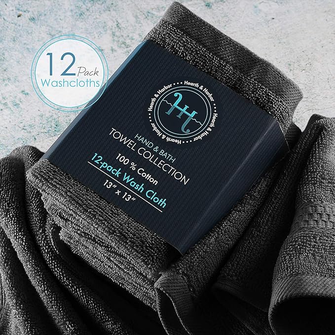 Hearth & Harbor Washcloths 12 Pack - 100% Cotton Washcloth for Body and face, High Absorbent and Soft 13"x13" Body Wash Cloth, Quick Dry - Black Washcloths