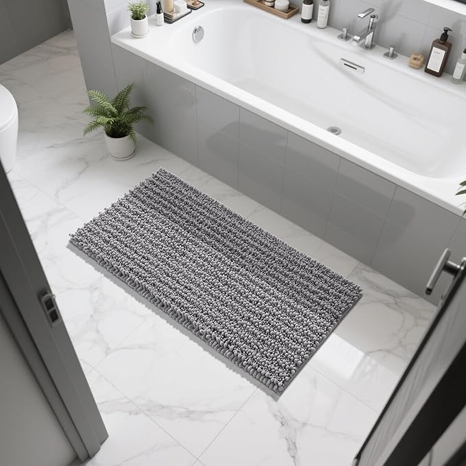 Yimobra Long Bathroom Rugs Non Slip Washable 44x24 Inch - Ultra Soft Absorbent Chenille Bath Mat, Quick Dry Shaggy Floor Carpet for Tub Shower, Gray Home Decor Accessories