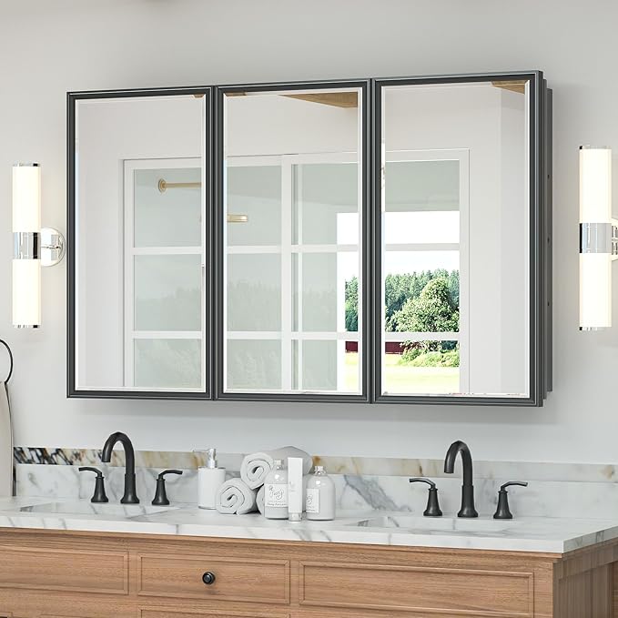 TETOTE 48x30 Inch Medicine Cabinet with Mirror Black Framed Bathroom Aluminum Framed Surface Recessed Wall-Mounted Medicine Cabinets Beveled Mirror with Storage 3 Door Modern Farmhouse