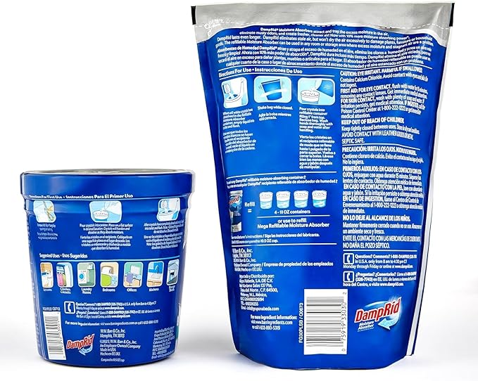 Damp Rid Refillable Moisture Absorber, Includes Single Damp Rid Lavender Vanilla 11oz. Cup & 44oz. Refill Bag - Moisture Absorbers for Closet, 10% More Absorbing Power*, Cleaner Air - ILIOS Packaging.