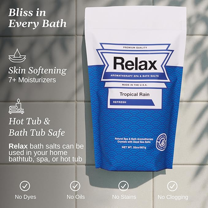 Relax Spa & Bath, Epsom & Dead Sea Salts, Aromatherapy Bath Salts for Hot Tub, Bath, or Spa, Infused with Magnesium, Tropical Rain Scent