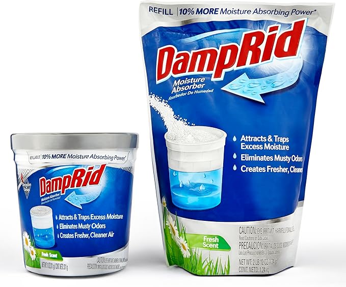 Damp Rid Refillable Moisture Absorber, Includes Single Damp Rid Fresh Scent 11oz. Cup & 44oz. Refill Bag - Moisture Absorbers for Closet, 10% More Absorbing Power*, Cleaner Air - ILIOS Packaging.