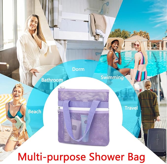 Mesh Shower Caddy Portable with Zipper & 2 Pockets - Quick Dry Shower Caddy Hanging for Travel Gym Camp Beach - Organizer Bag Bathroom Essentials for College Dorm