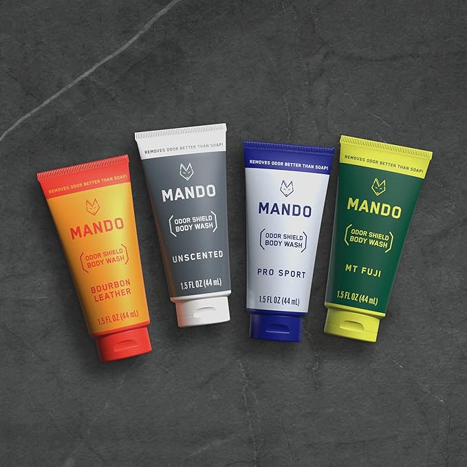 Mando Mini Body Wash - 24 Hour Odor Control - Removes Odor Better than Soap - 1.5 Ounce Tubes (Pack of 4, in 4 scents: Bourbon Leather, Pro Sport, Mt Fuji, Unscented)