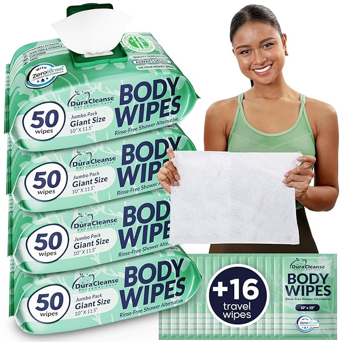 Body Wipes for Women, Extra Moist No Rinse Bathing Sheets (4 Pack) – 200 XL Shower Cloths + 16 Deodorizing Bath Wipes, 10" x 11.5" Travel Toiletries for Women’s Hygiene and Post Workout