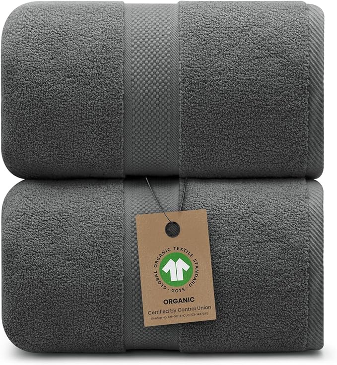 100% Organic Luxury Bath Sheets - GOTS Certified - Extra Large 35x70 Inches (Pack of 2) Zero-Twist, Long-Staple Cotton Bath Sheet Set (Granite Grey)
