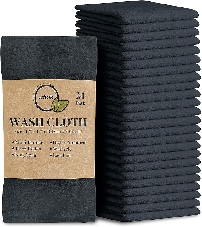 Softolle 100% Cotton Washcloths 24 Pack (12x12 Inches) Soft, Highly Absorbent Washcloth, Face Towels, Wash Cloths for Face, Ring Spun, Bulk Pack (Grey)