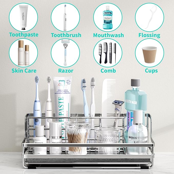 HapiRm Toothbrush Holders for Bathroom - 5 Partitions Bathroom Counter Organizer with Instant Drying Stone, Stainless Steel Countertop Storage Electric Toothbrush Toothpaste Holder - Silver