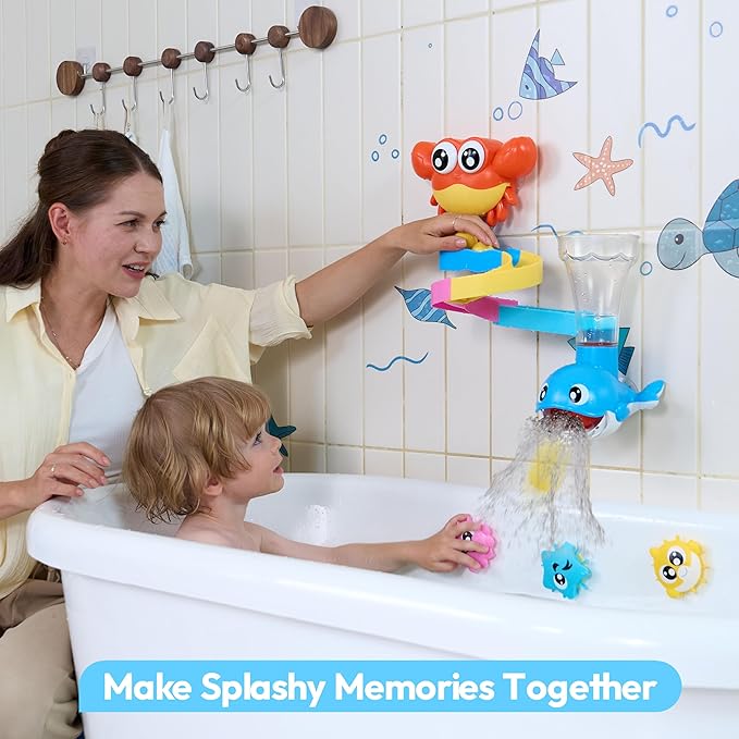 lalalark Bath Toys for Kids, 7-in-1 Shower Bathtub Toy with Crab, Whale, Rotating Fish & Slide Track, Interactive Water Play Set with Pour & Spray Fun for Toddlers, Boys & Girls Gifts for Christmas